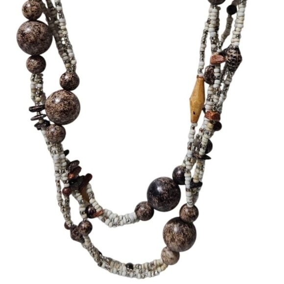 Boho Beaded Necklace Brown White Beads Multi Strand Retro Fashion Jewelry Women - Picture 2 of 5